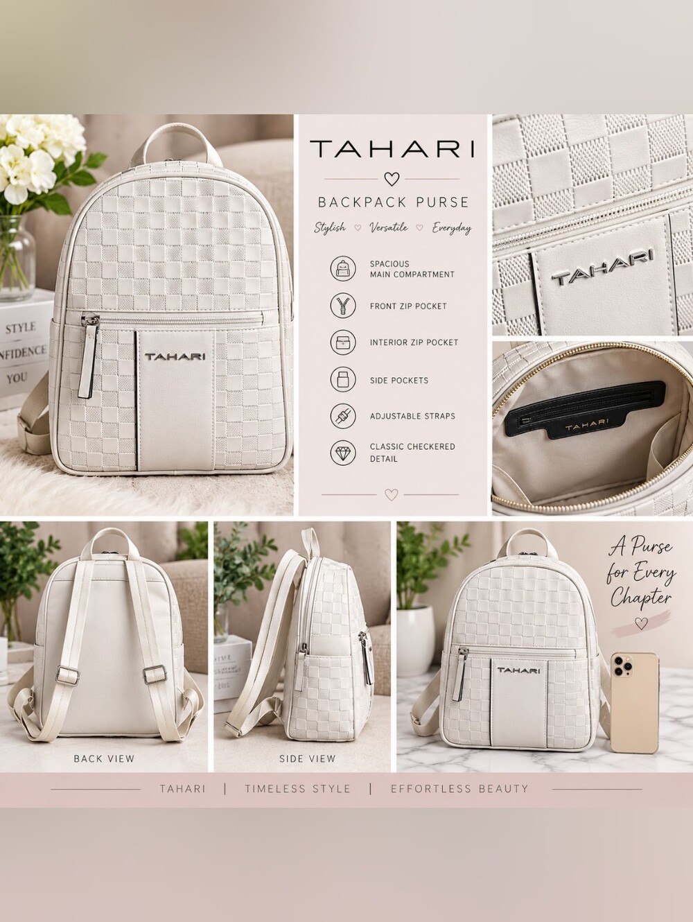 NWT Tahari Cream/Ivory Checkered Backpack + Dust Bag